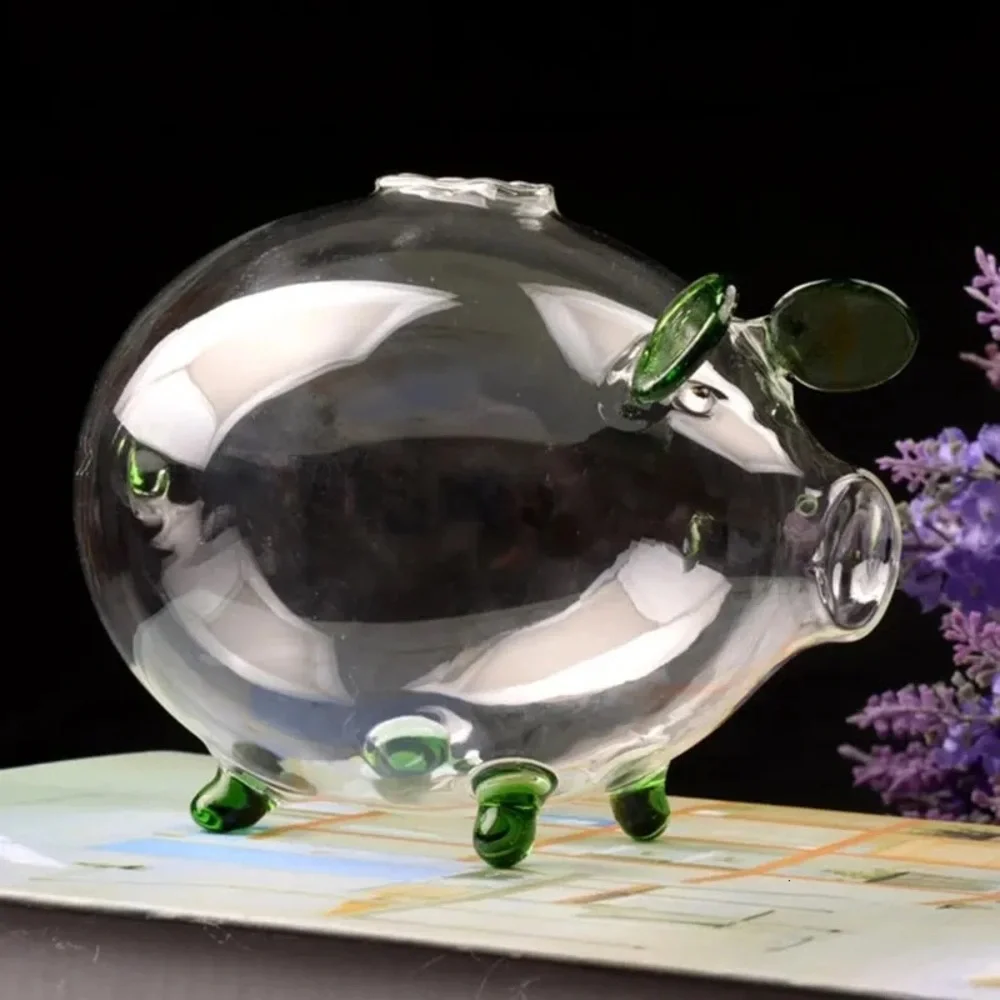Clear Glass Piggy Bank W/Green Accents Hi-Quality Crystal-Clear Glass Hand-Made